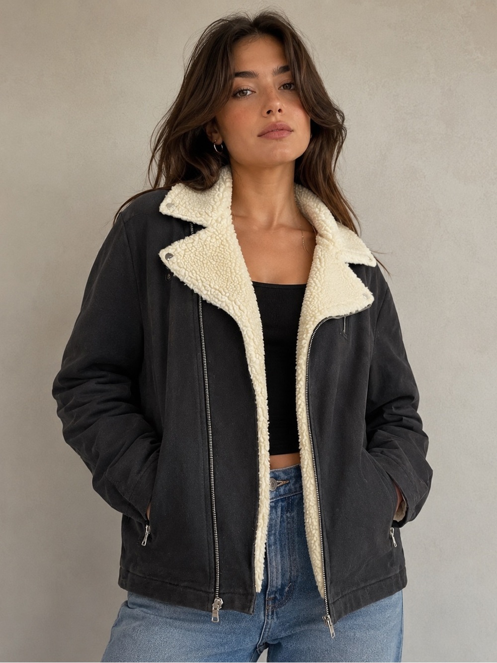 Armani Exchange Black Moto Jacket with Cream Sherpa Collar